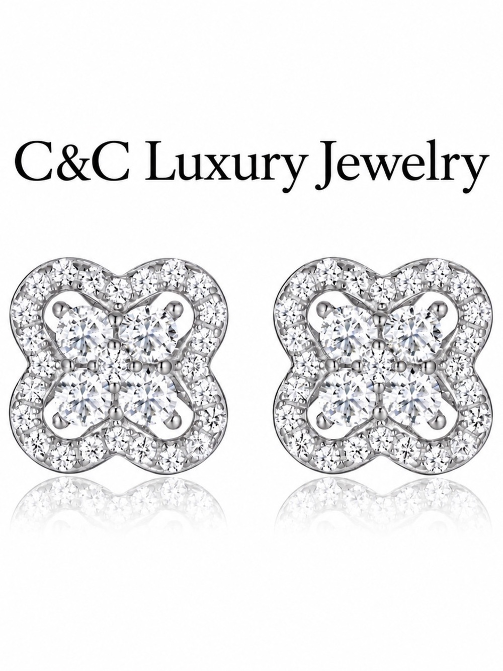 White Crystal Floral Cluster Stud Earrings - Women Jewelry